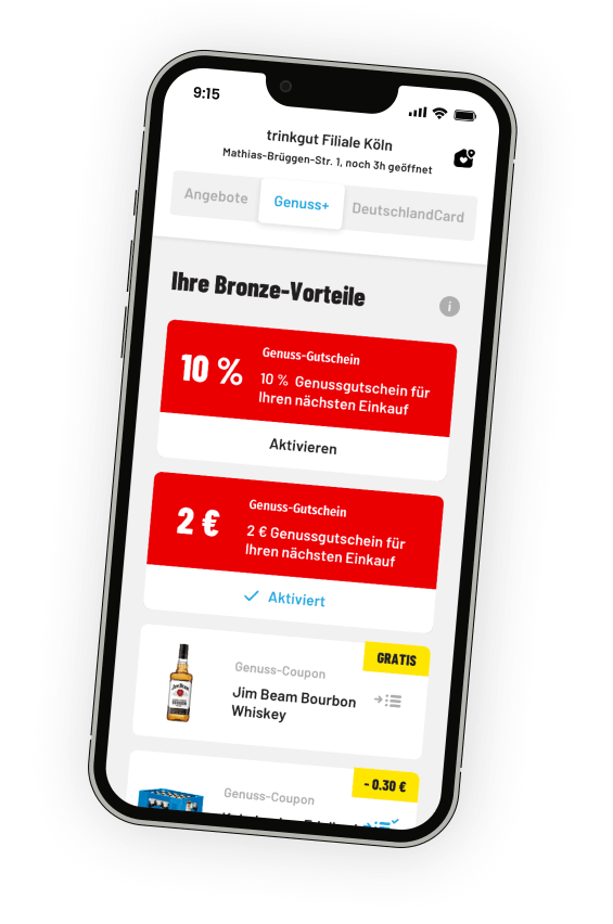 Mockup der trinkgut APP Coupons, die direkt in der App aktiviert werden können