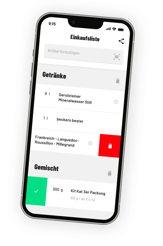 Mockup der trinkgut APP mit der Darstellung der integrierten Einkaufsliste